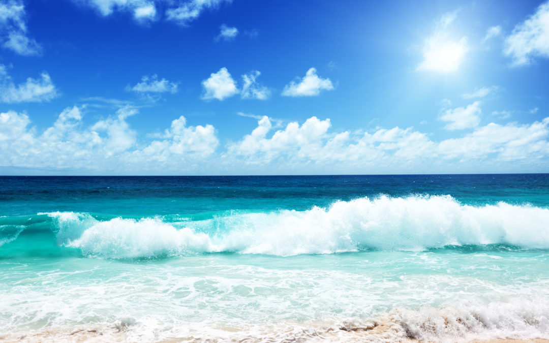 Ocean beach scene with clear blue water and sky